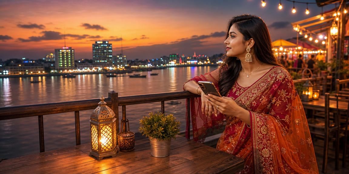 A woman in a saree in Rangpur playing fm24 VIP games on her mobile